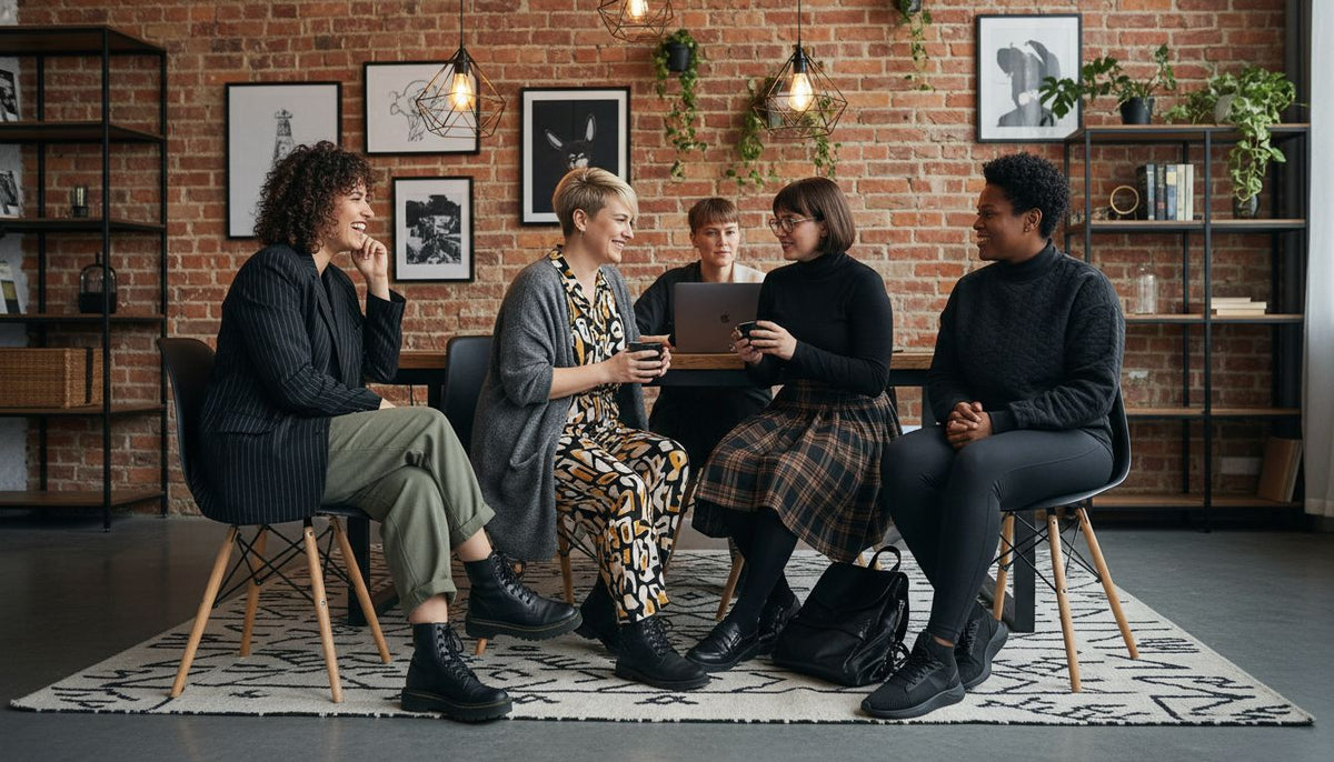 Woman in contemporary womenswear in a modern office, illustrating the contemporary tier between fast fashion and designer